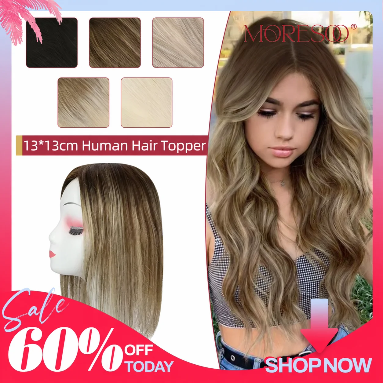 Moresoo Straight Human Hair Toppers Machine Remy Hair Piece Clip in For Women Topper for Beauty Hand Made Mono Base Hair Natural