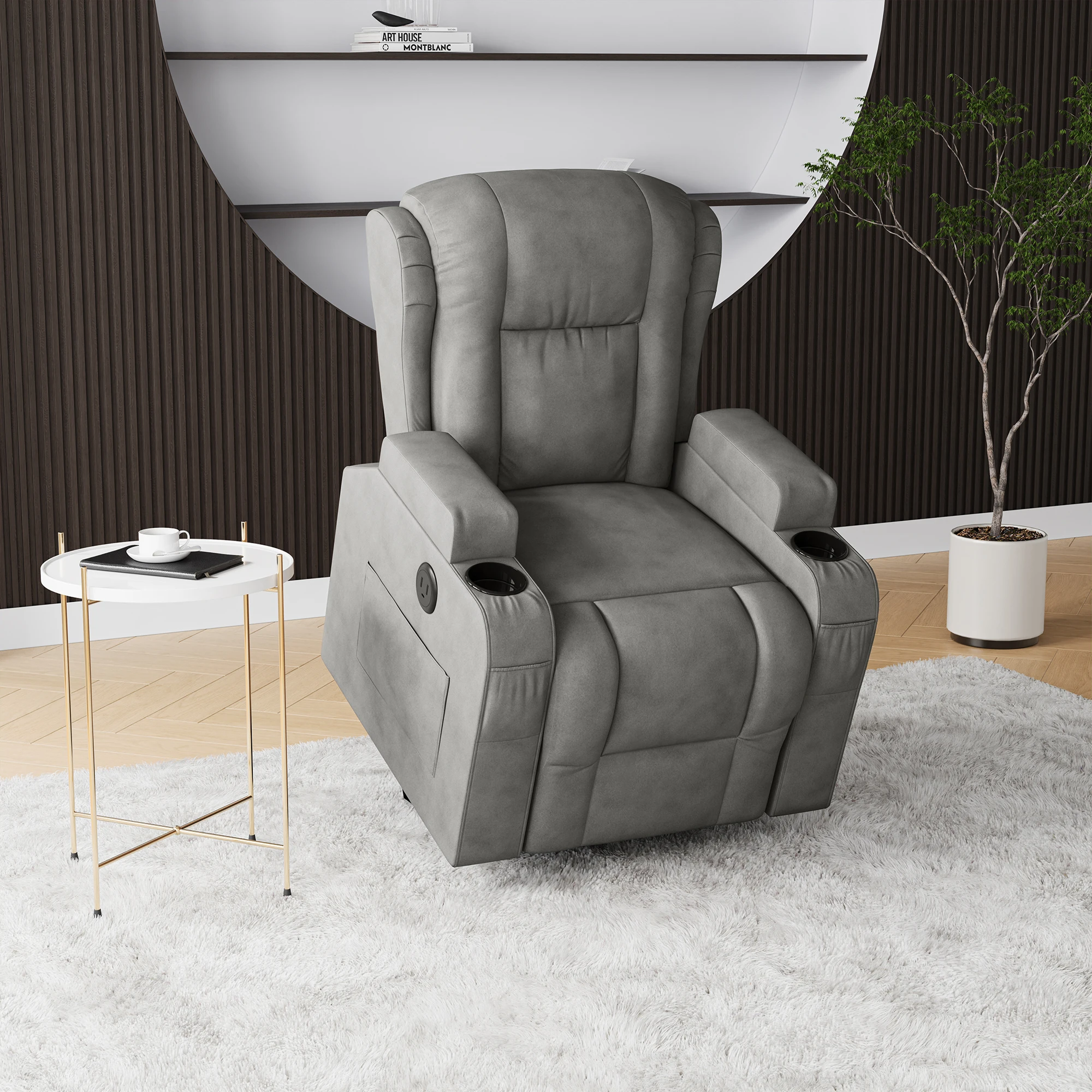 Rosahqnda Fotel elektryczny rozkładany z funkcją masażu i ogrzewania, wyściełany leżak, regulowany kąt nachylenia, uchwyt na kubek i USB