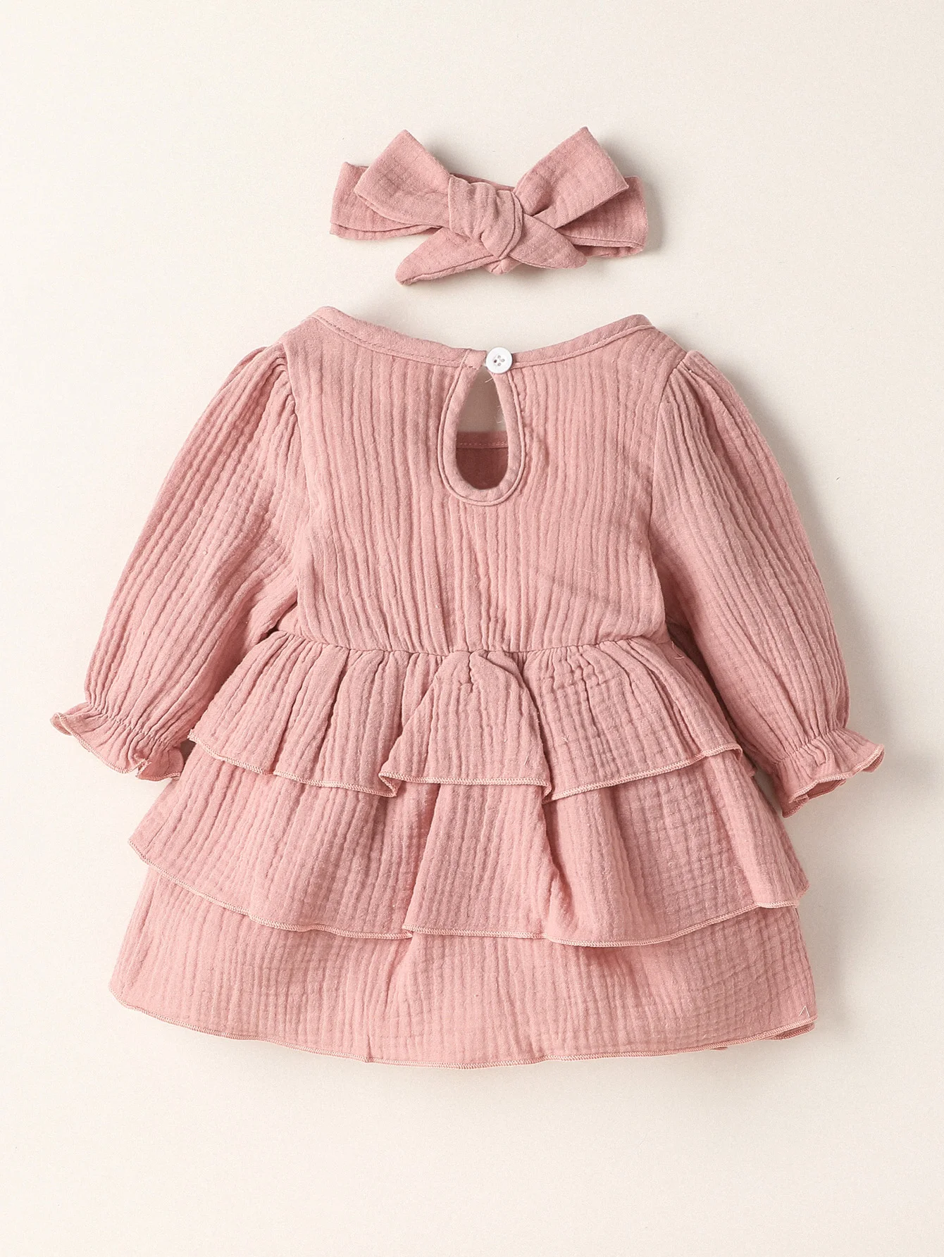 Newborn-6M Baby girl Long Sleeve Pink leisure and simplicity pure color Spring  autumn Princess dress+hair band