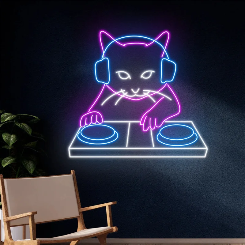 Cat DJ Neon Sign, DJ Cat Led Sign, Cat Playing Music Neon Light, Pet Led Light, Nursery Room Wall Art Decor, Animal Neon Light