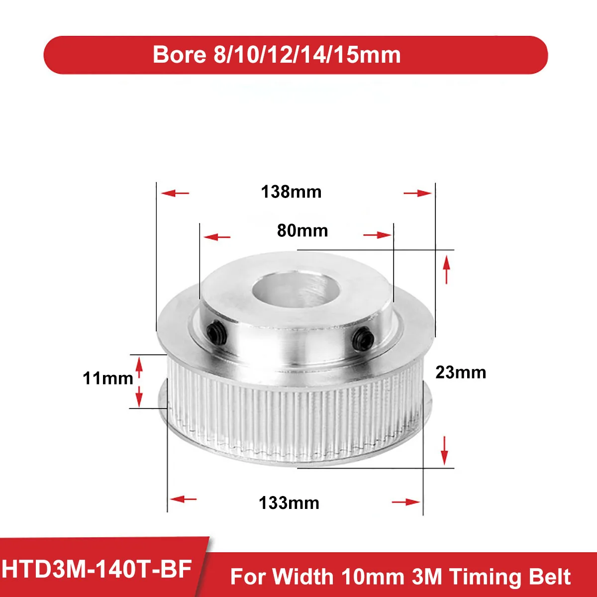 

1Pcs 140 Teeth HTD 3M Synchronous Pulley Bore 8/10/12/14/15mm BF keyway HTD3M Timing Belts Wheel For Width 10mm 3M Timing Belt