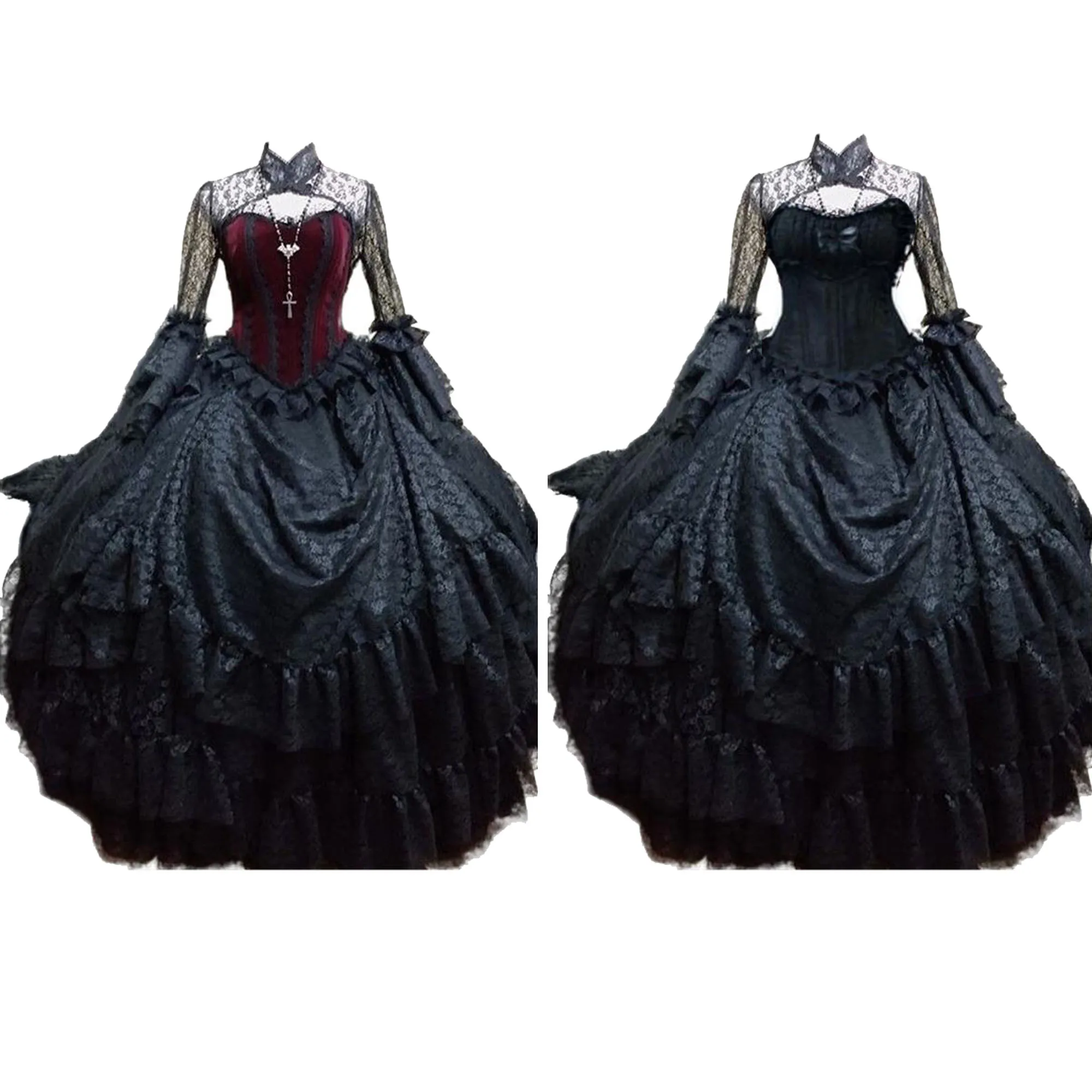 Abiti da sposa da vampiro steampunk nero gotico vittoriano abiti da ballo da sposa in pizzo abito da ballo gotico a maniche lunghe svasato