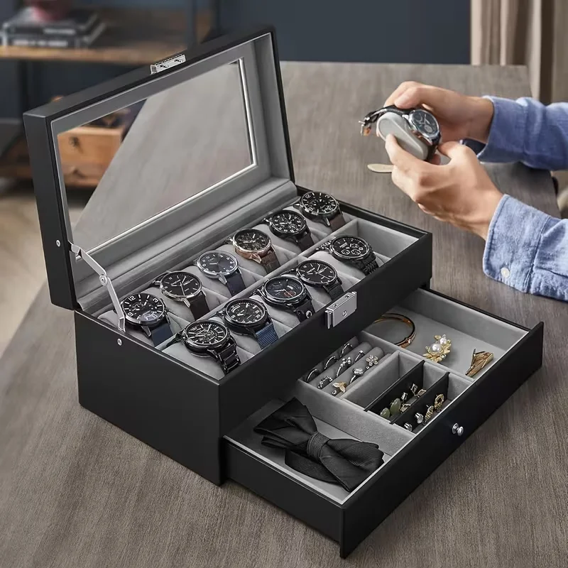 12-slot Lockable Watch Storage Box,Jewelry Display Box With Drawers, 2-tier Watch And Glasses Display Box With Glass Lid