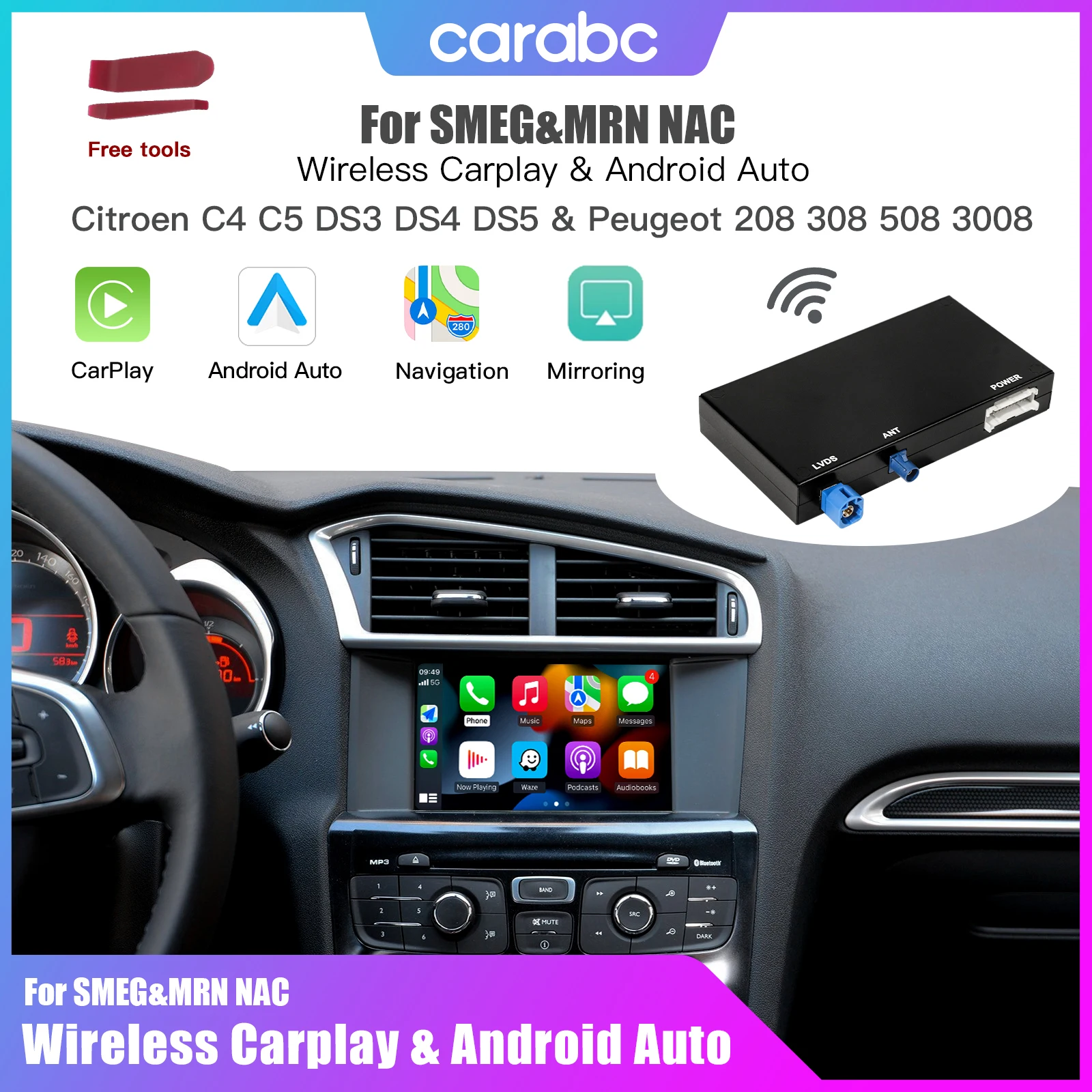 CARABC Wireless Carplay Android Auto Fits For Peugeot Citroen SMEG  + Picasso C4 C5 DS4 DS3 308 508 208 3008 AirPlay Module