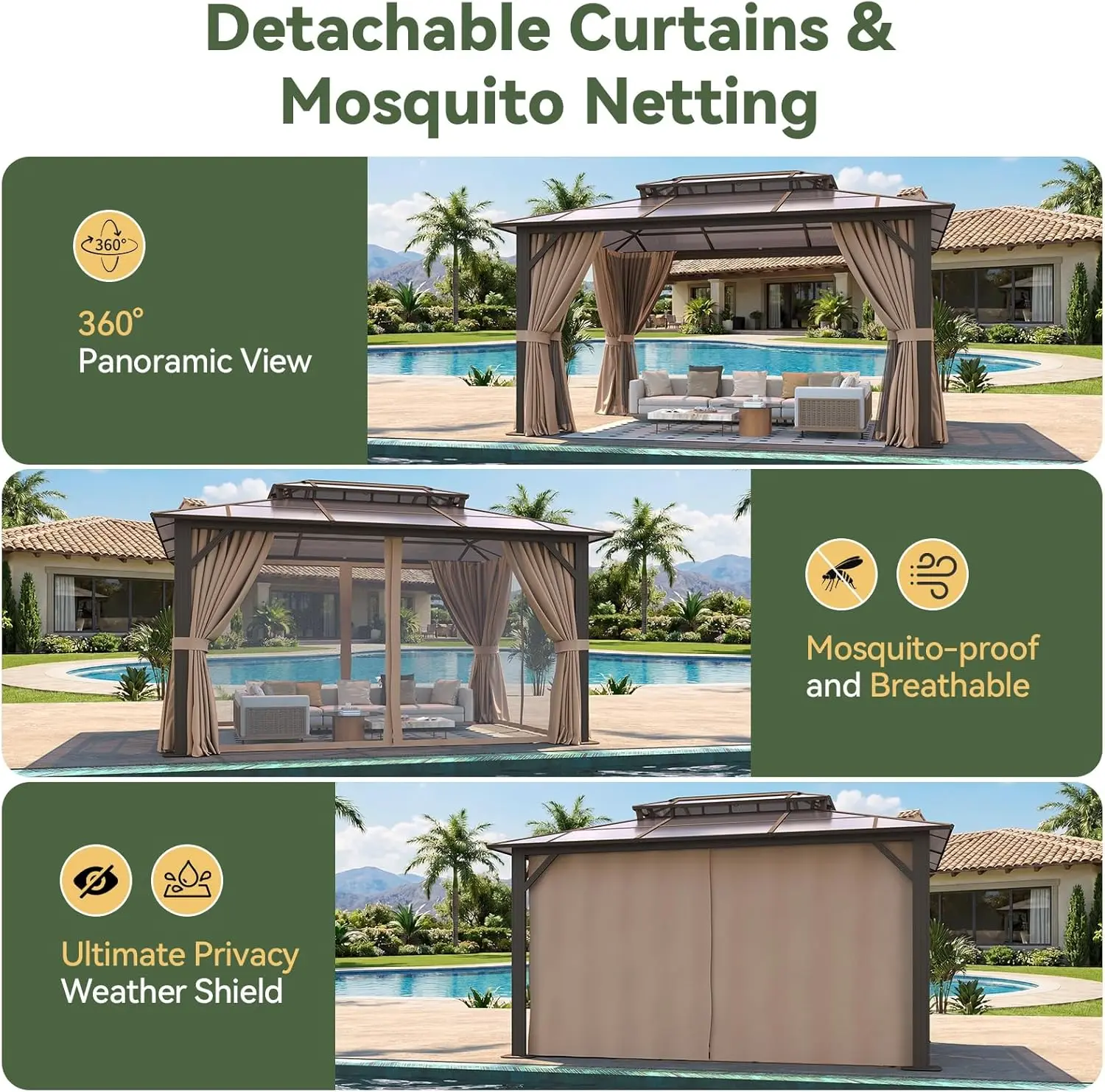 Nordivale 12x16ft Hardtop Gazebo with Double Polycarbonate Roof Aluminum Outdoor Pavilion with Removable Curtains & Netting for Patio Garden (Brown) view 4