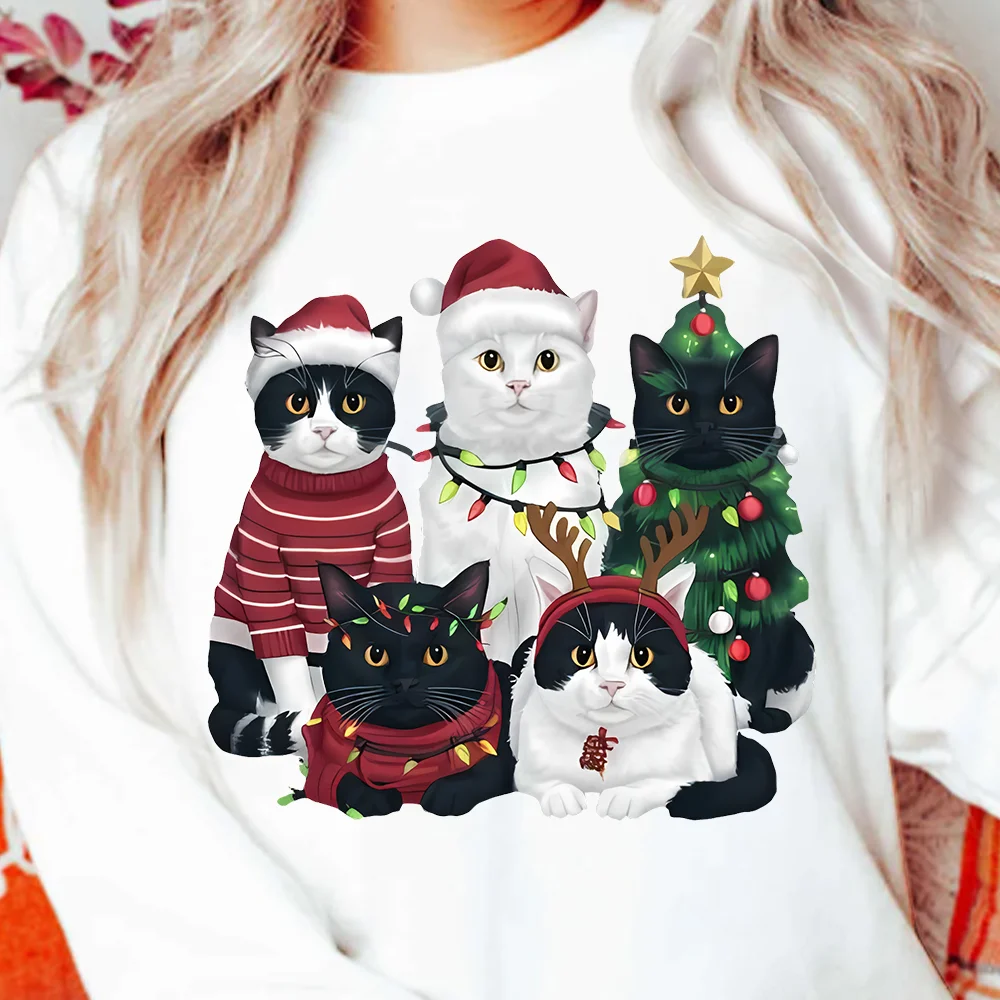 Christmas Cat Pattern Printed Sweatshirts Women's Autumn and Winter Hoodie Fashionable and Comfortable Round Neck Casual Top