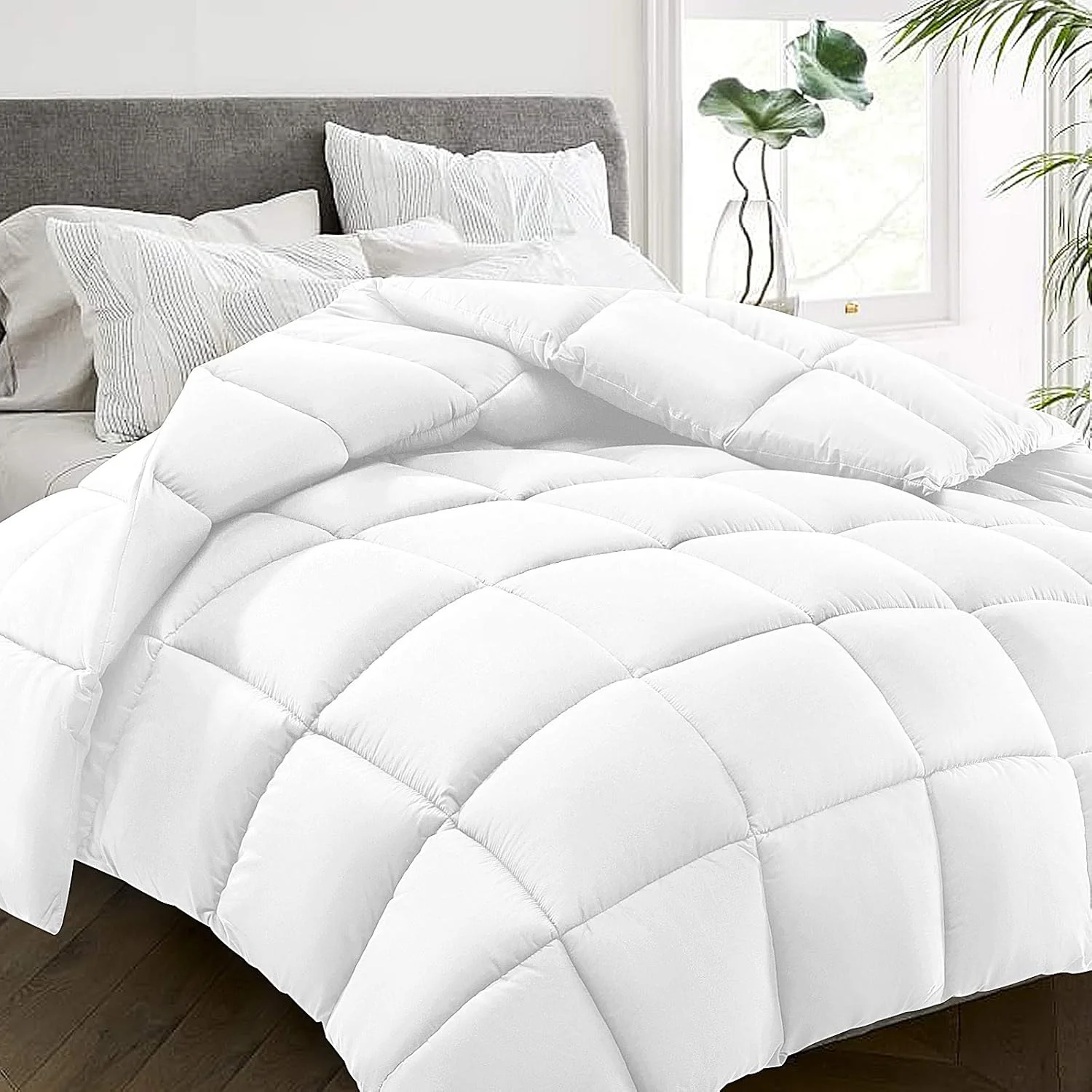 Edredón de cama, edredón acolchado con pestañas de esquina, edredones alternativos cosidos en caja tamaño Queen (blanco)
