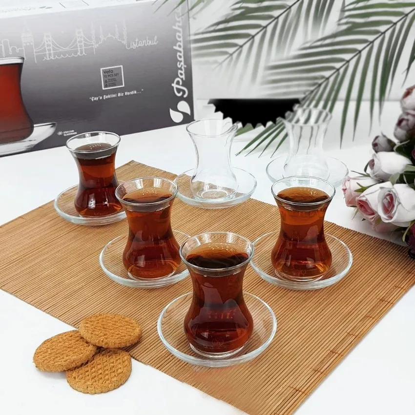 Pasabahce Premium Turkish Tea Glasses and Saucers Set of 12 glass set decostyle