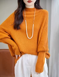 Sweater for Women's Merino Wool Pullover 2023 Fall Winter Oversized Sweaters Mock Neck Knitwear Batwing Long Sleeve Knit Jumpers