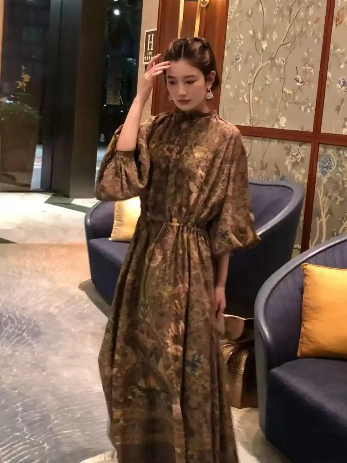 

Spring women's long sleeve bohemian style maxi linen dress