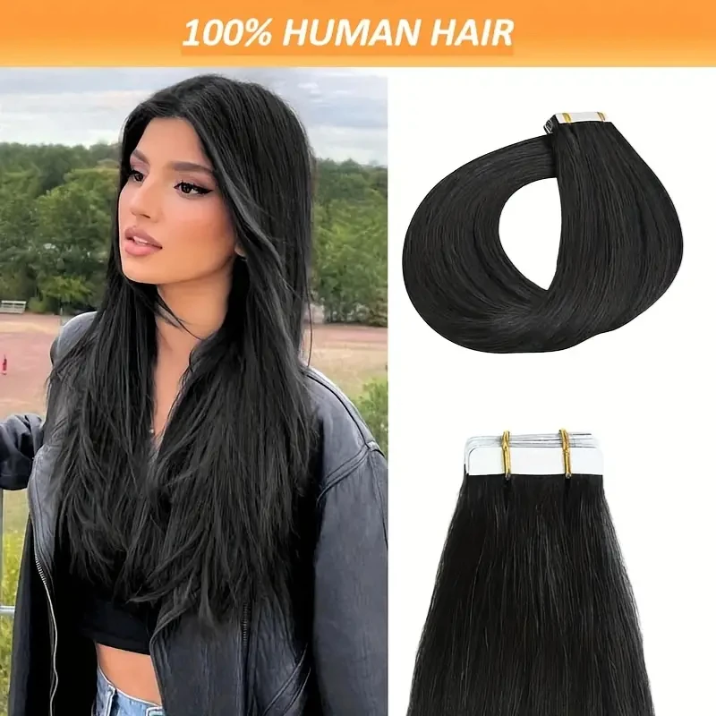 Alimice-Remy Straight Hair Extensions para mulheres, cabelo humano, fita invisível em # 1B, 50g, 20PCs