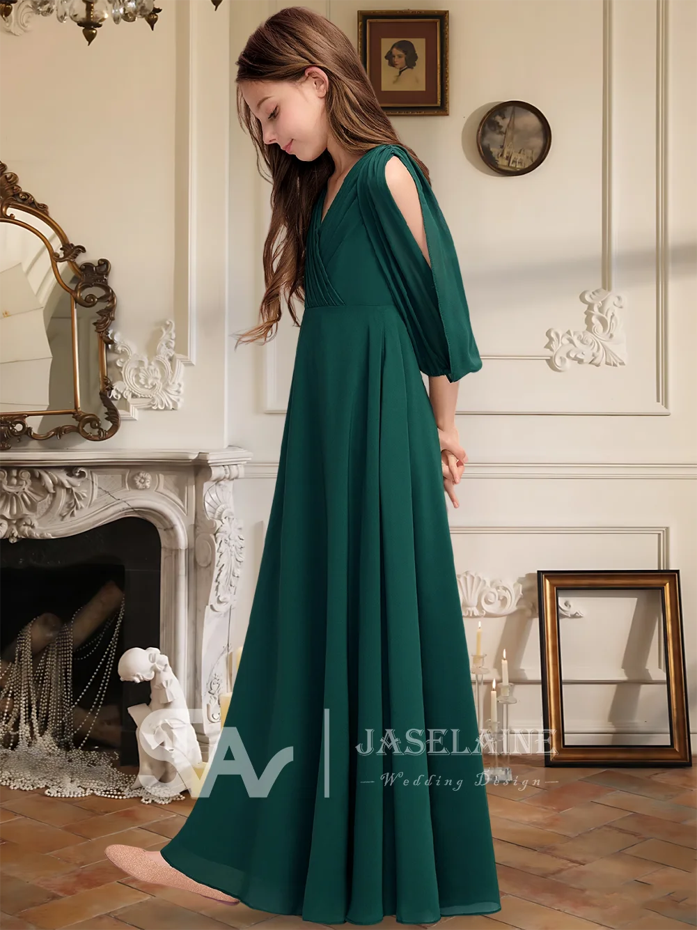 

C A-Line V-Neck Floor-Length Chiffon Junior Bridesmaid Dress With Pleated Half Sleeve Flower Girl Dress Wedding Formal Party