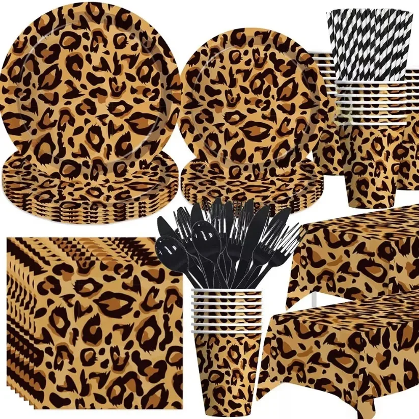 Décor de fête d'anniversaire léopard, vaisselle jetable imprimé léopard, ballon en Latex imprimé léopard, bannière de fête d'animaux guépard