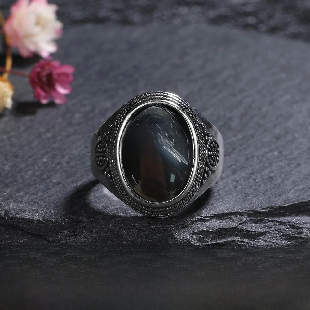 Srebrne pierścionki posrebrzane Duży naturalny pierścionek z czarnym agatem 10x14MM dla kobiet i mężczyzn Srebrna biżuteria na imprezę Tygrysie oko Turkus Lapis Lazuli — zdjęcie 2