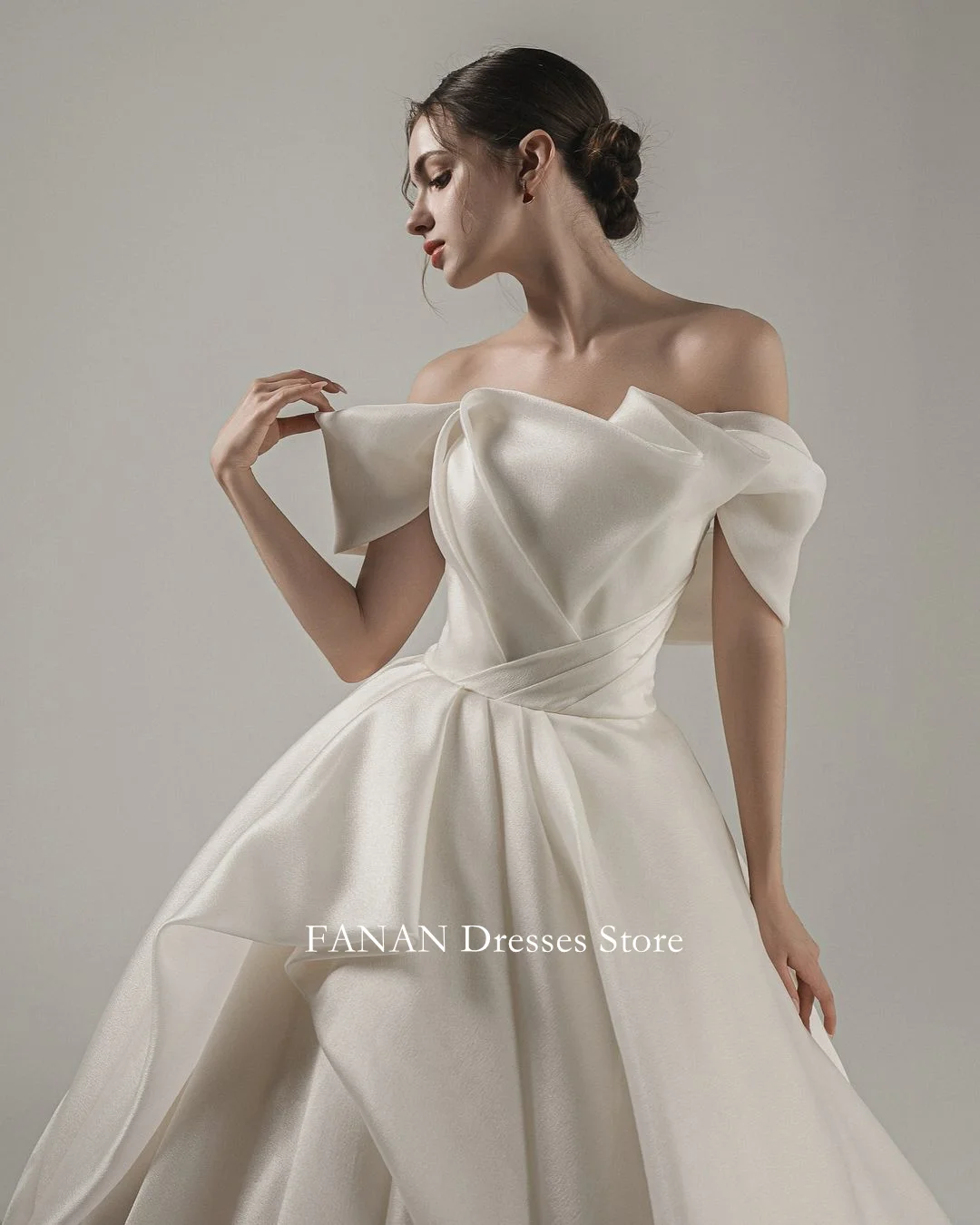 

FANAN Korea Off Shoulder Ivory Wedding Dresses 웨딩드레스 Ruched Custom Made Organza Short Sleeves Corset Bride Gowns Plus Size