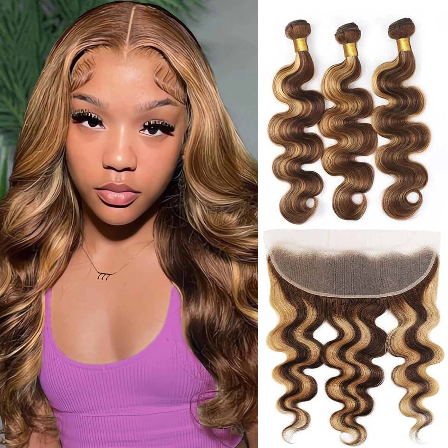 

Bundles With Frontal Body Wave Natural Brazilian Remy Human Hair P4-27 Honey Blonde Highlight 3 Bundle with 13x4 HD Lace Frontal