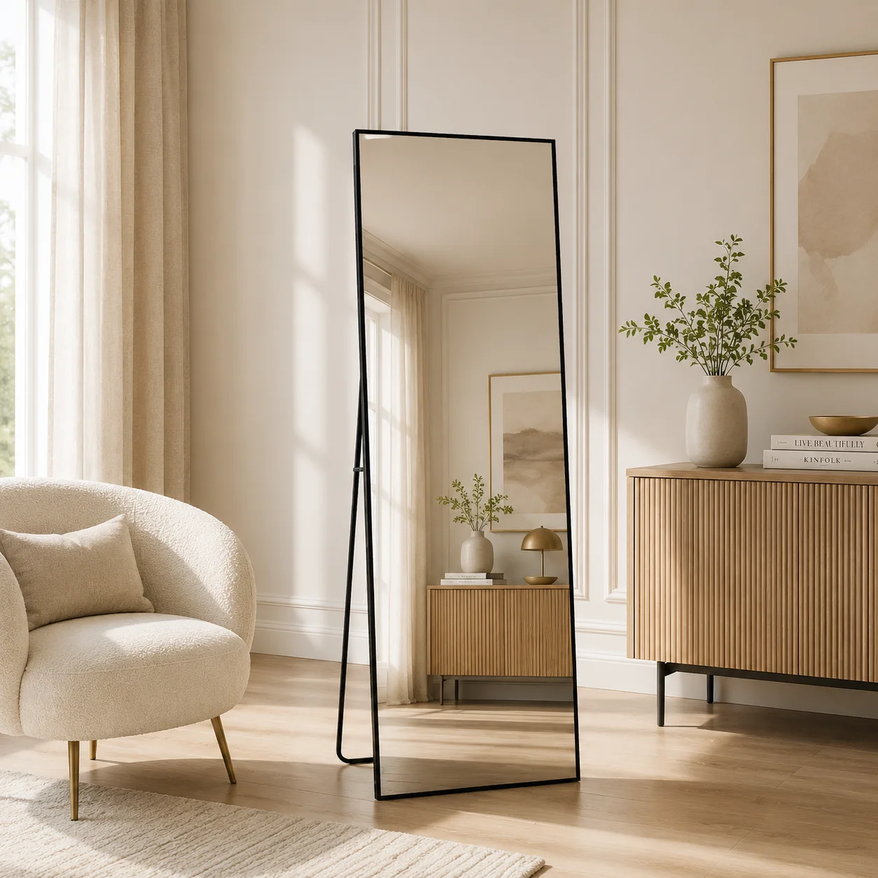 Miroir sur pied 177x77 cm, miroir pleine longueur, robuste, moderne, grand miroir mural, sur pied ou à suspendre, cadre en alliage d'aluminium, verre trempé, chambre à coucher, salon, noir