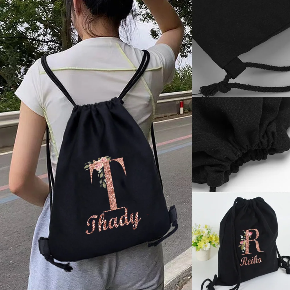 Custom Name Drawstring Backpack School Bag Double Shoulder Pocket Sports Gym Bag 26 Initial Letter
