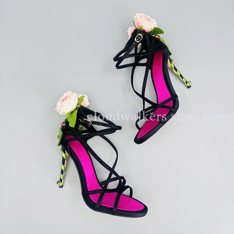 

Innovative Heel Butterfly Petals Green Leaves Diamond Decor Sandals Satin Cross Surround Strap Design Peep Toe Stiletto Sandals