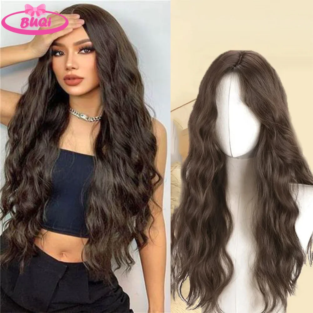 BUQI Synthetic Wigs Long Wavy Wig with Bangs Dark Black Hair Wigs for Women Natural Hair Wigs For Cosplay Party