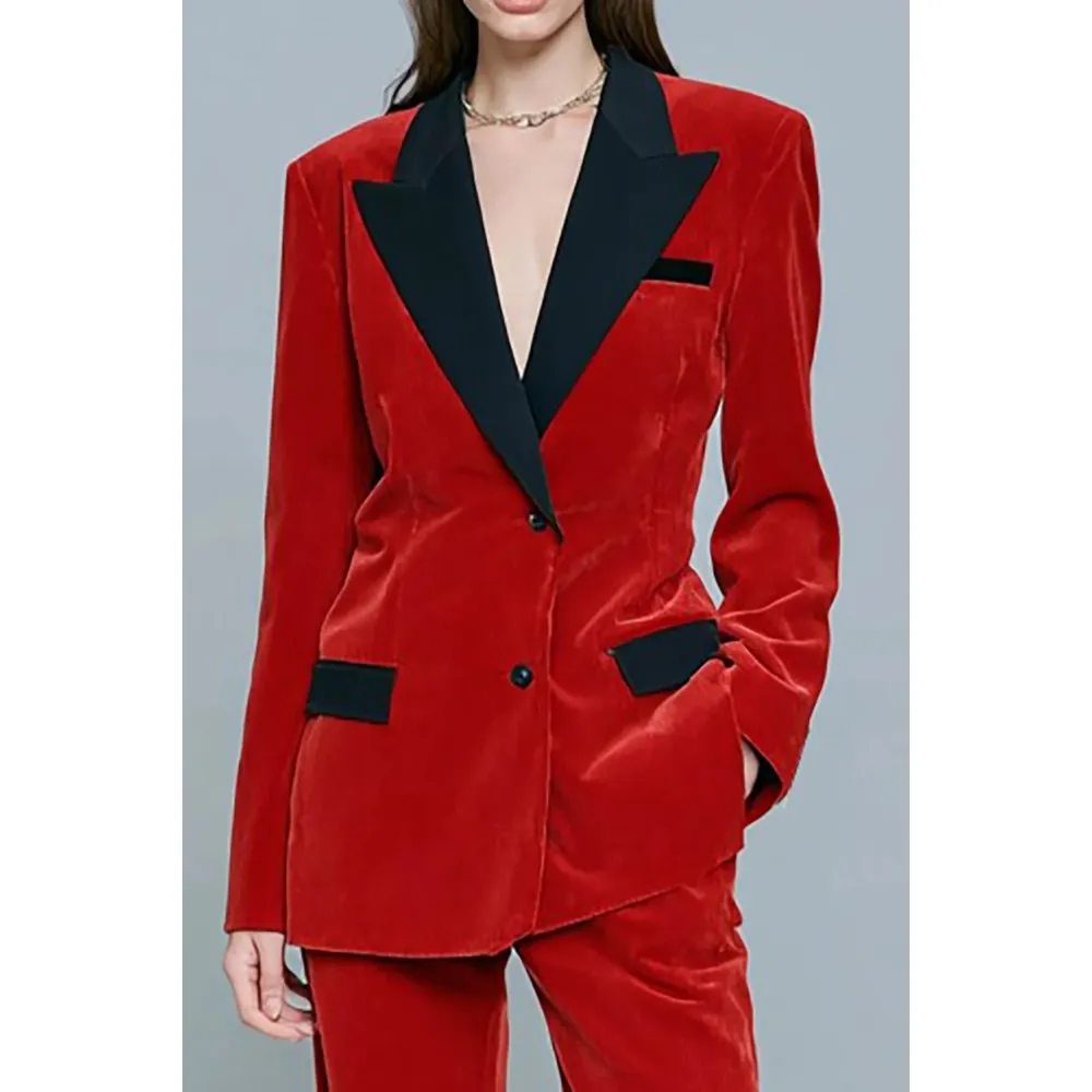Red velvet suit set Pinterest pin evening elegance
