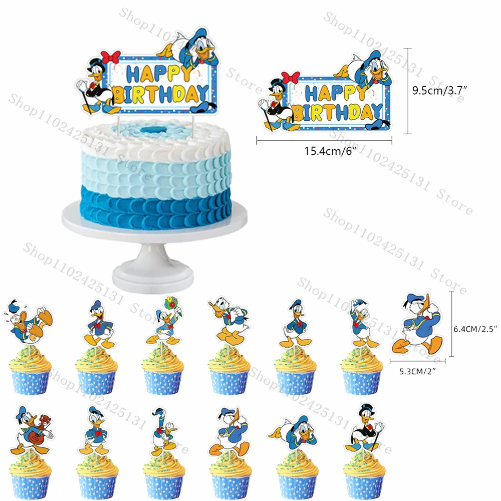 لوازم زينة حفلات أعياد الميلاد السعيدة من دونالد داك، بالونات ألومنيوم، خلفية كرتونية، لافتة علوية للكب كيك، هدية #4