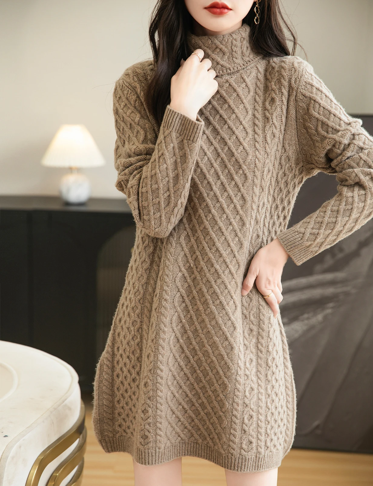 Women's Turtleneck Sweater Dress 100% Merino Wool Dresses 2024 Fall Winter Vintage Long Sleeve Knit Long Sweater Female Clothing