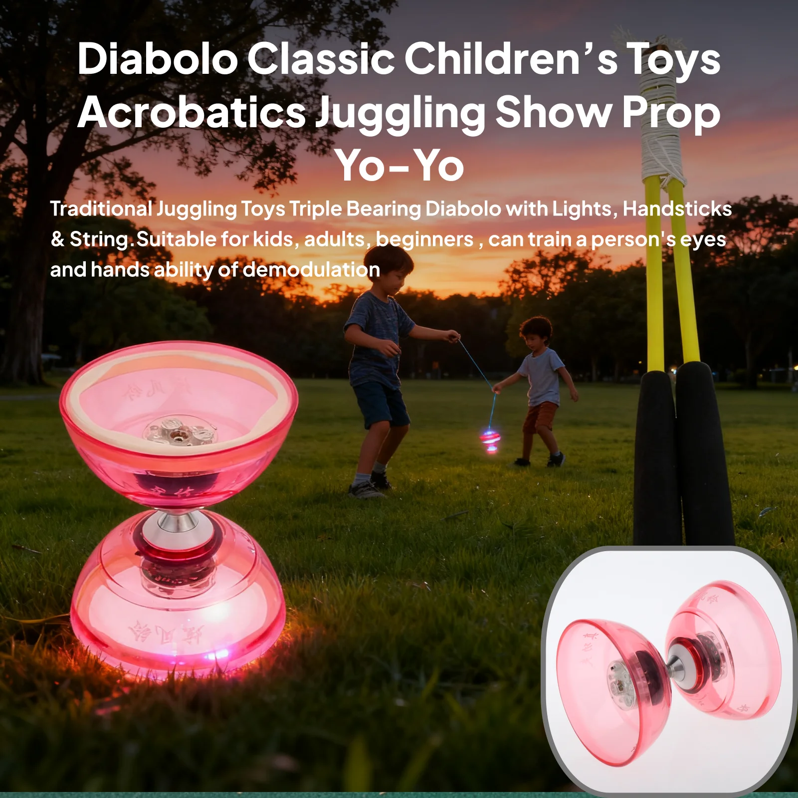 Professional 3-Bearing Diabolo with Sticks & String, Rubber Ball Toy LED Traditional Juggling Toys Triple Bearing Diabolo