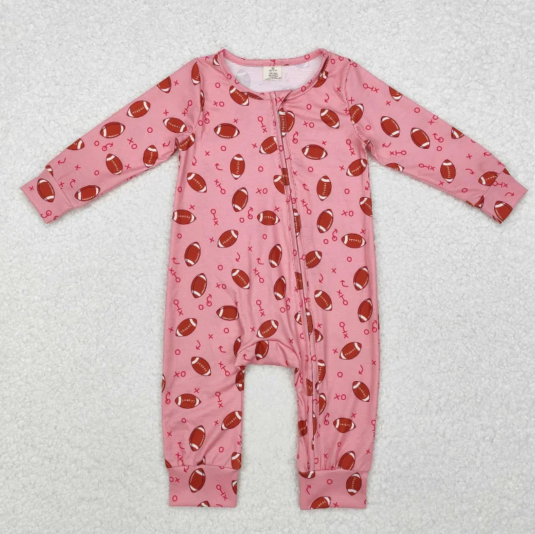 

Infant Boy Girls Football Pink Print Long Sleeve Rompers Baby Girls Fall Bamboo Sleeper Zipper Romper