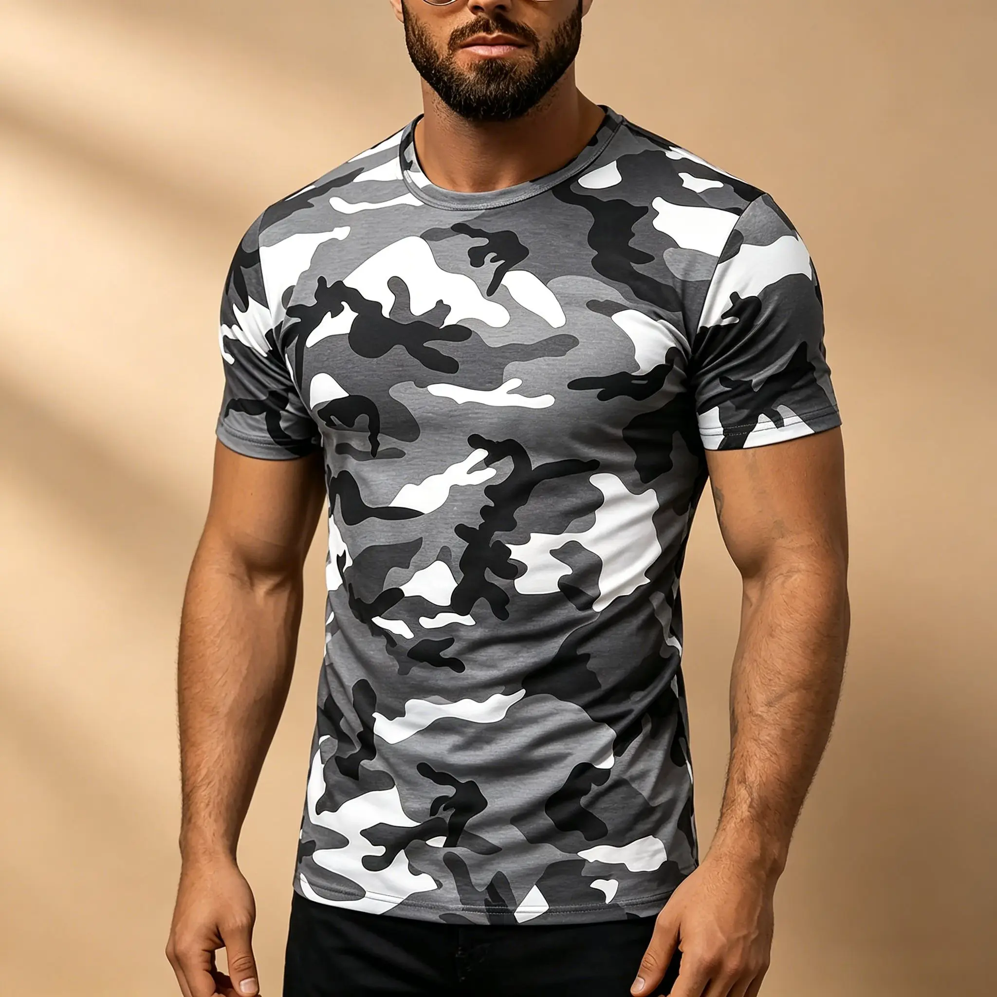 Men's Grey White Black Camo Full Print T-Shirt, Slim Fit Crew Neck Stretch Soft Fabric Camouflage Short Sleeve Tee For Outdoor H