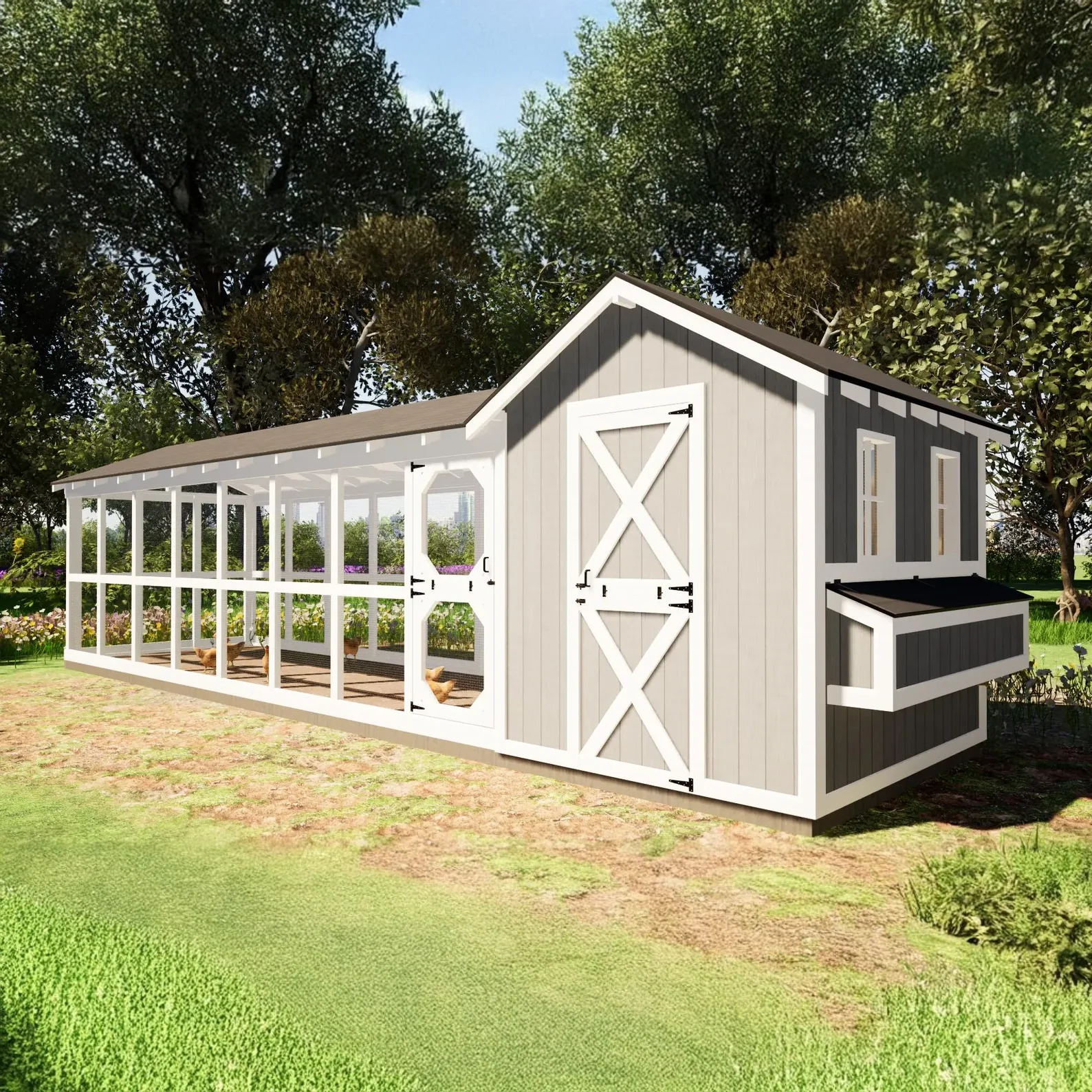 Planos grandes de gallinero de 8x32 con carrera de 24 pies – Casa de gallina DIY para 24 pollos (plans impresos)
