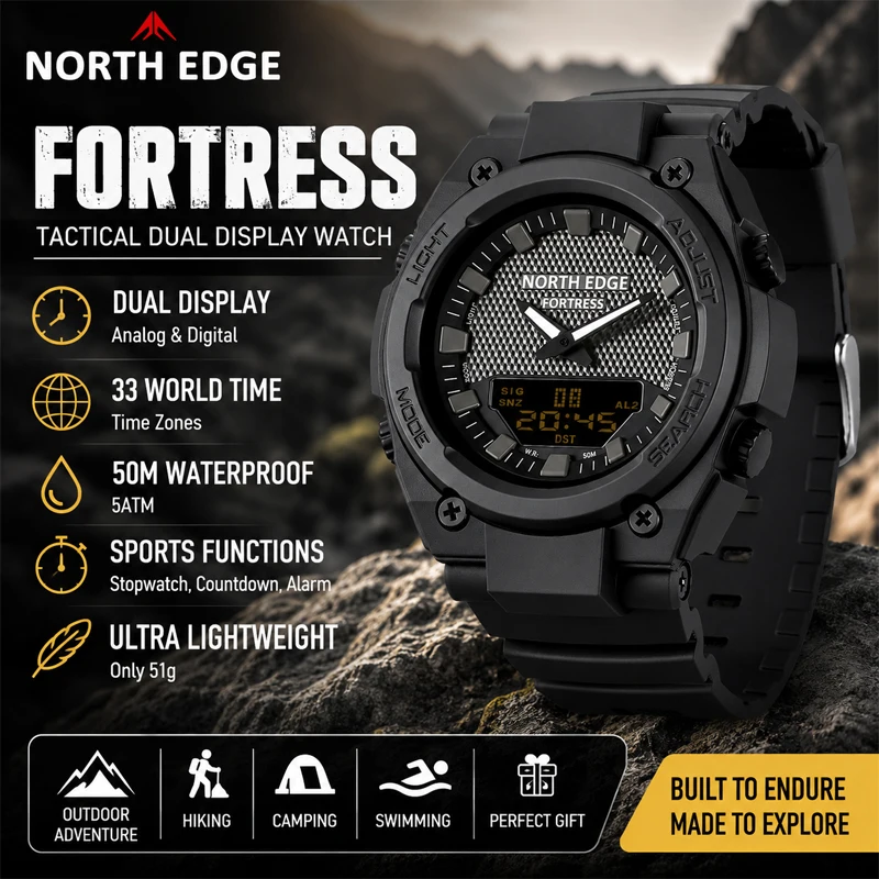 

NORTH EDGE FORTRESS 2026 Men Digital Watch Outdoor Sports Waterproof 50M Watches World Time Countdown Electronic LED Wristwatch