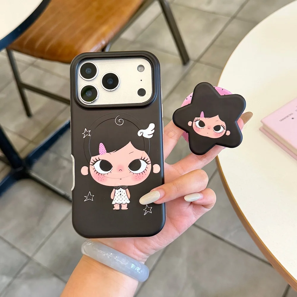 Cute Angel Cartoon Girl Magnetic Phone Case for iPhone 17 15 Pro 16 Pro  16 Max 17 Pro Max Cover With Magsafe 3D Star Stand Case