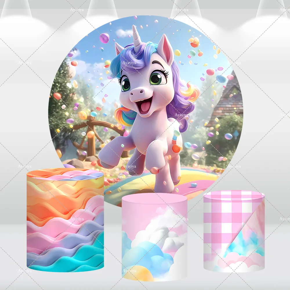 

Cute Rainbow Unicorn Baby Shower Round Backdrop Cover Girls 1st Birthday Party Circle Background Cake Table Banner