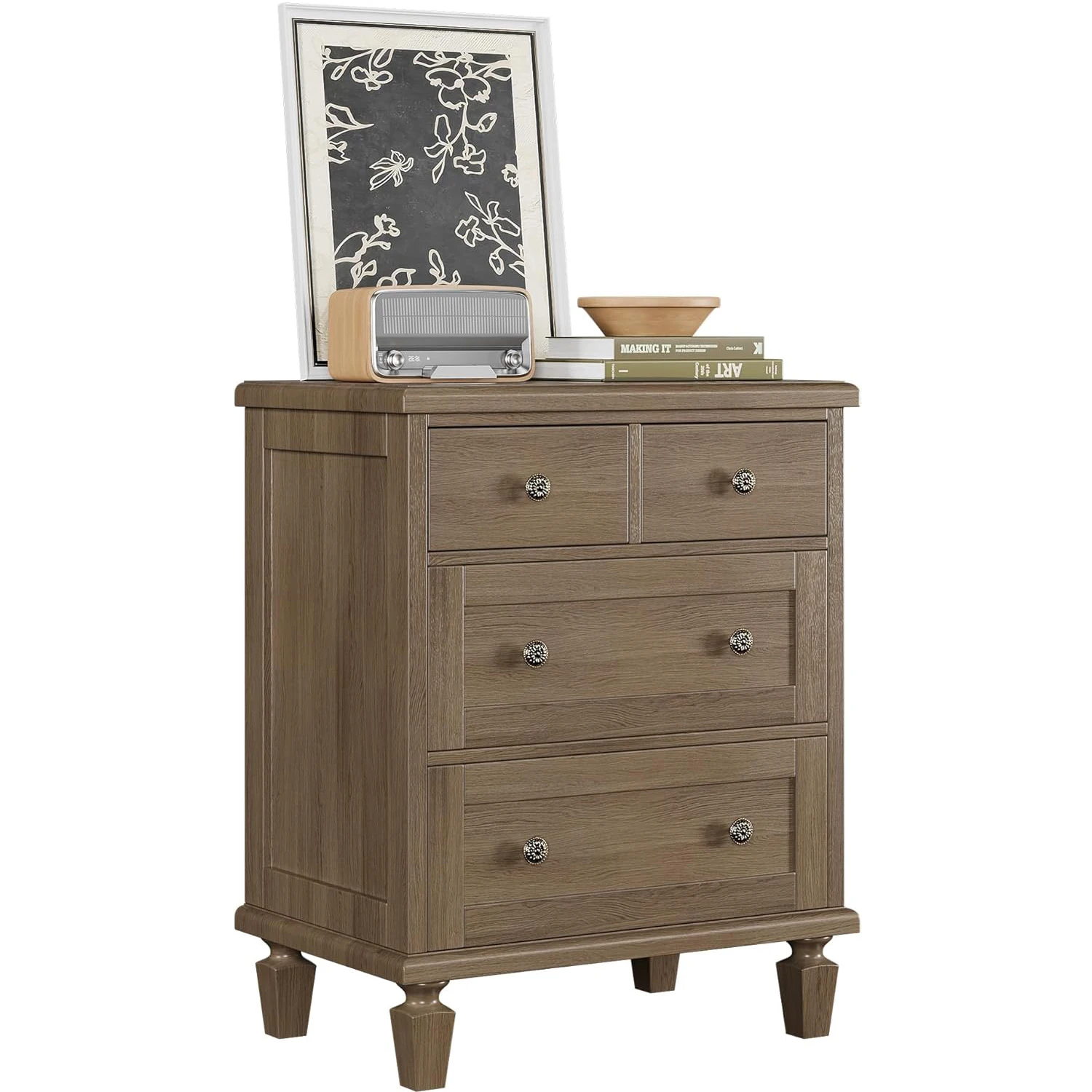 Kommode im Mid-Century-Stil mit 4 Schubladen für Schlafzimmer, Wohnzimmer, Vintage-Holzkommode mit geschnitzten Griffen, konisch zulaufenden Beinen, großzügigem Stauraum, stabilem, kippsicherem Design