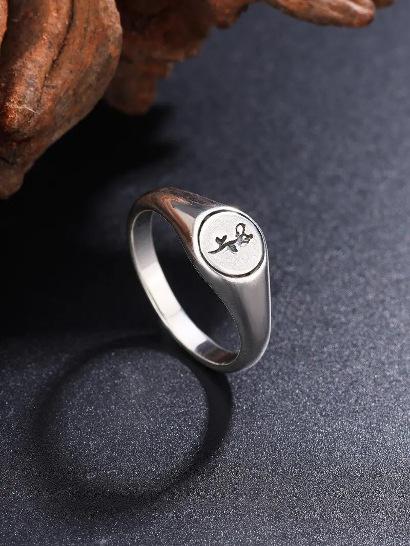 Anel de prata esterlina S925, anel de prata envelhecido vintage, design de carimbo de símbolo personalizado, anel de estilo unissex, anel de prata moderno e exclusivo para homens e mulheres