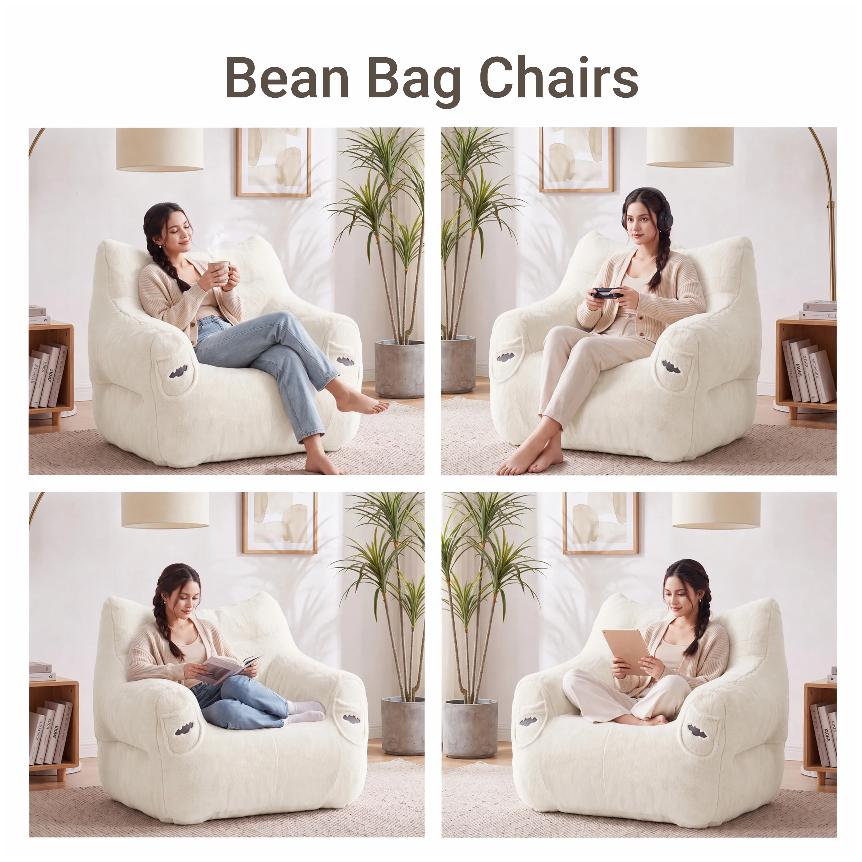 Oversized Corduroy Bean Bag Chair Ergonomic High Back Sofa with Side Pocket & Handle - High Resilience Foam Floor Armchair for Living Room Bedroom view 8
