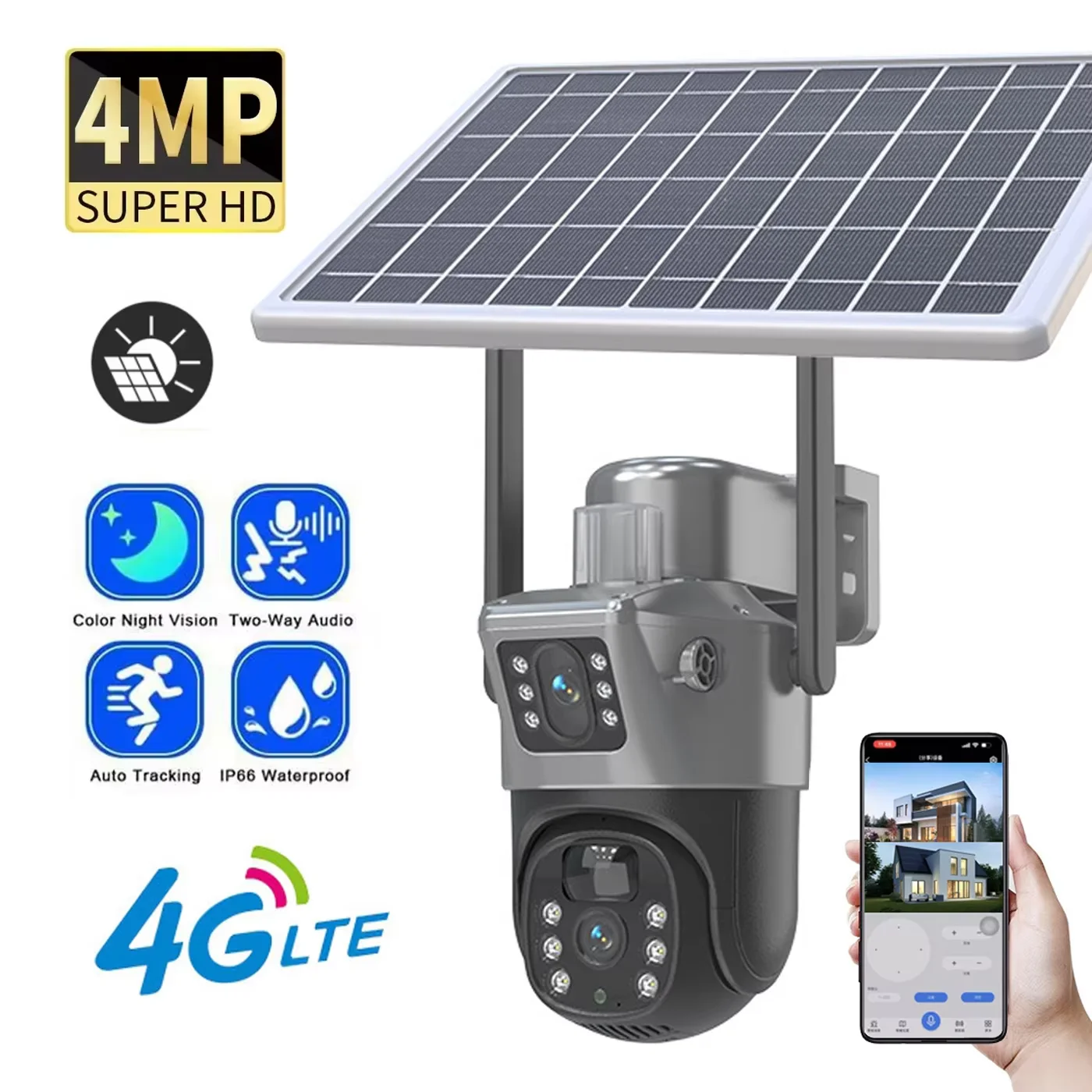 Telecamera solare PTZ Wireless 4MP 4G doppia lente telecamera IP esterna a doppio schermo pannello