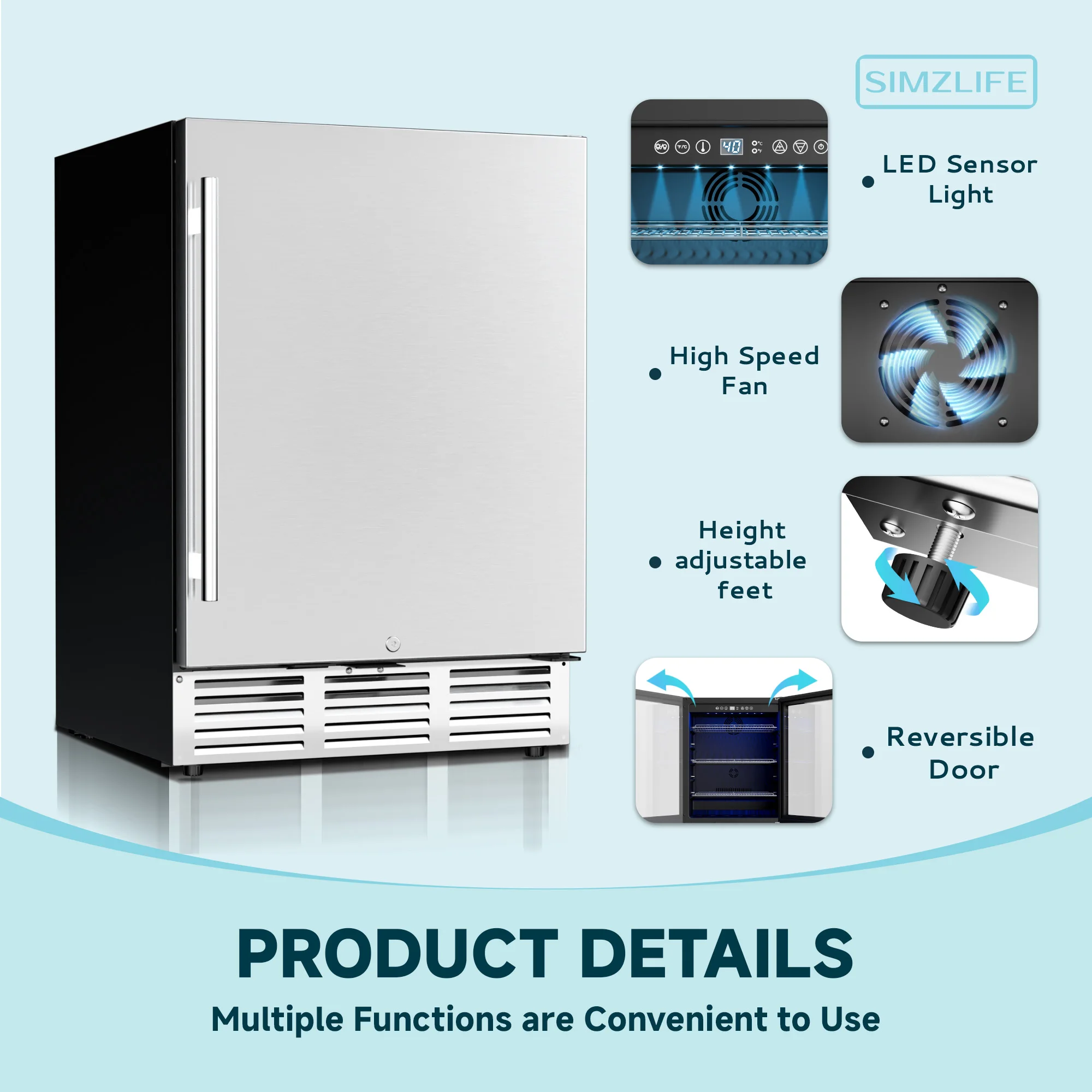 ثلاجة مشروبات مدمجة مقاس 15/22.6 بوصة من Simzlife، منطقة واحدة 130/180 علب، خزانة نبيذ، تحكم في درجة الحرارة LED، فضي