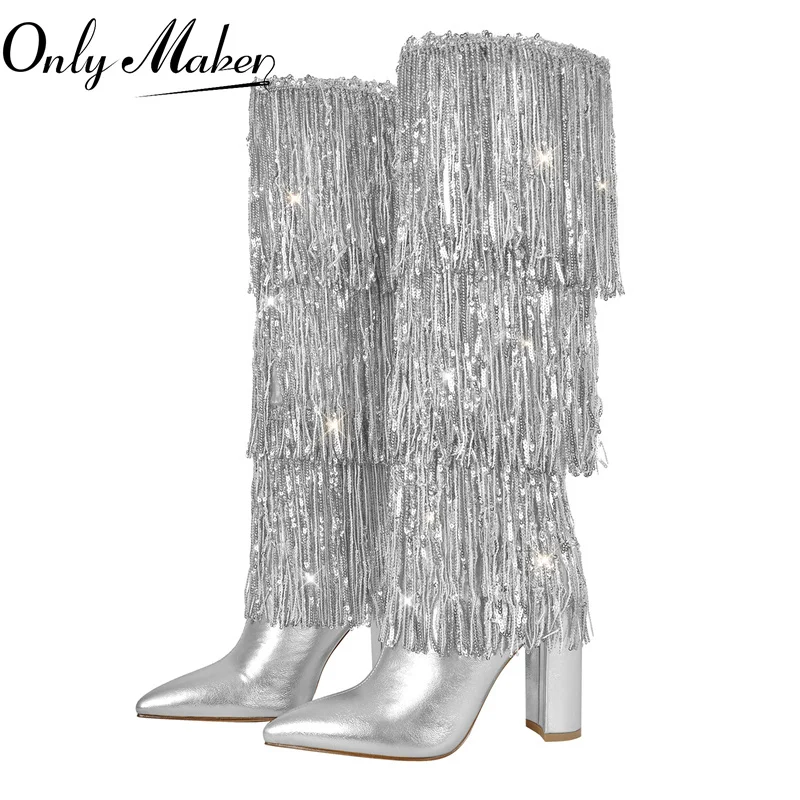 

Onlymaker Women Pointed Toe Sliver Fringe Metallic Slim Knee Boots Sexy Dance Chunky Heel Boots