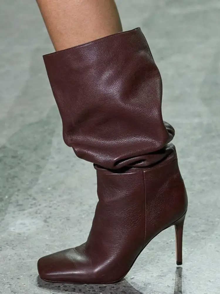 

Burgundy Sqaure Toe Slouchy Mic-Calf Boots Slip On Thin High Heel Winter Women Shoes Stiletto Heel Leather New Arrivals Shoes