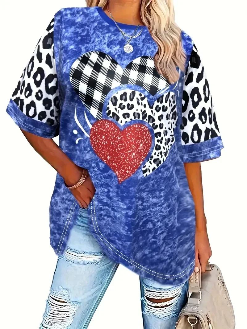 T-shirt Plus Size w panterkę i kratę z nadrukiem serca Casualowa koszulka z krótkim rękawem na wiosnę i lato Odzież damska Plus Size — zdjęcie 2
