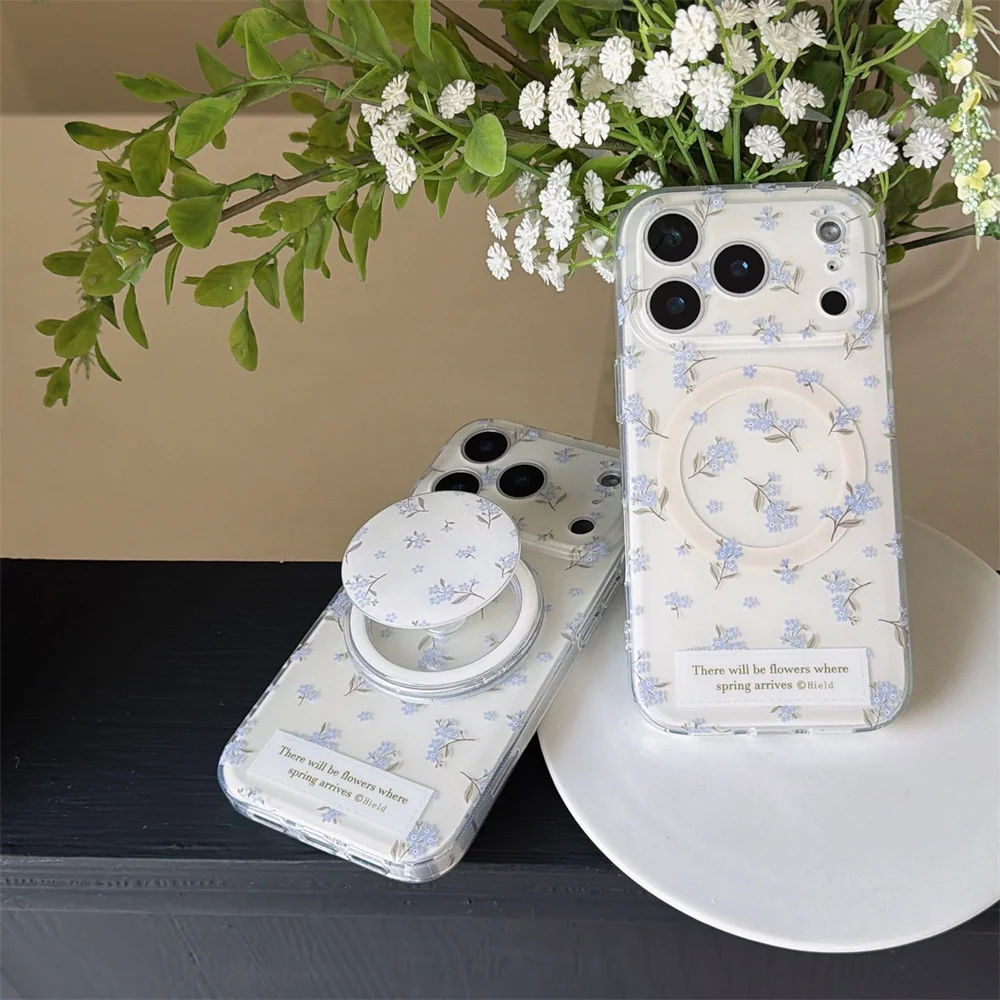 حافظة هاتف بحامل مغناطيسي لطيف وجديد من الزهور الزرقاء FRO مناسبة لهاتف iPhone 17pro، 13، 14، 15، 16 Promax أزياء مضادة للسقوط