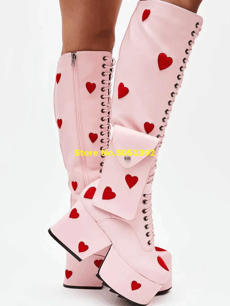 Pink Lovely Knee High Boots Leather Construction Red Heart Patches All Over Front Lace Up Platform Purse Chunky Heel Boots