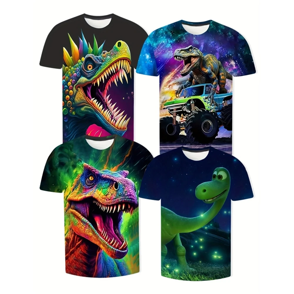 Camiseta de 4 piezas para niños, ropa informal con estampado de dinosaurio, Top cómodo de manga corta, ropa de verano para bebés