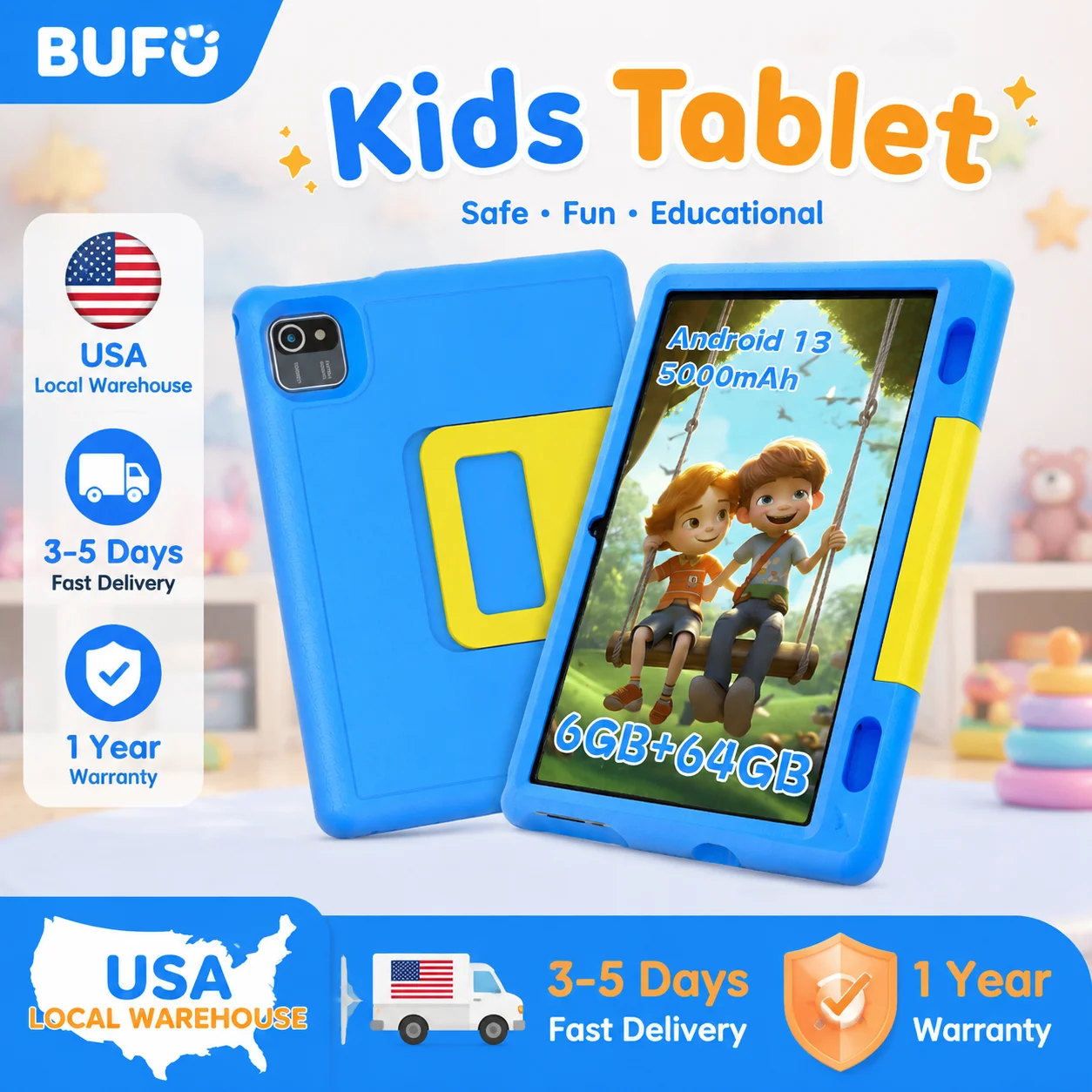 KT1007 Kids Tablet With Shockproof Protective Case 10.1 Inch Quad Core 6GB(2+4) RAM 64GB ROM Android 13 GO 5000mAh Battery Parental Control Max 128GB Expand Pink Blue Children Educational Learning Tablet