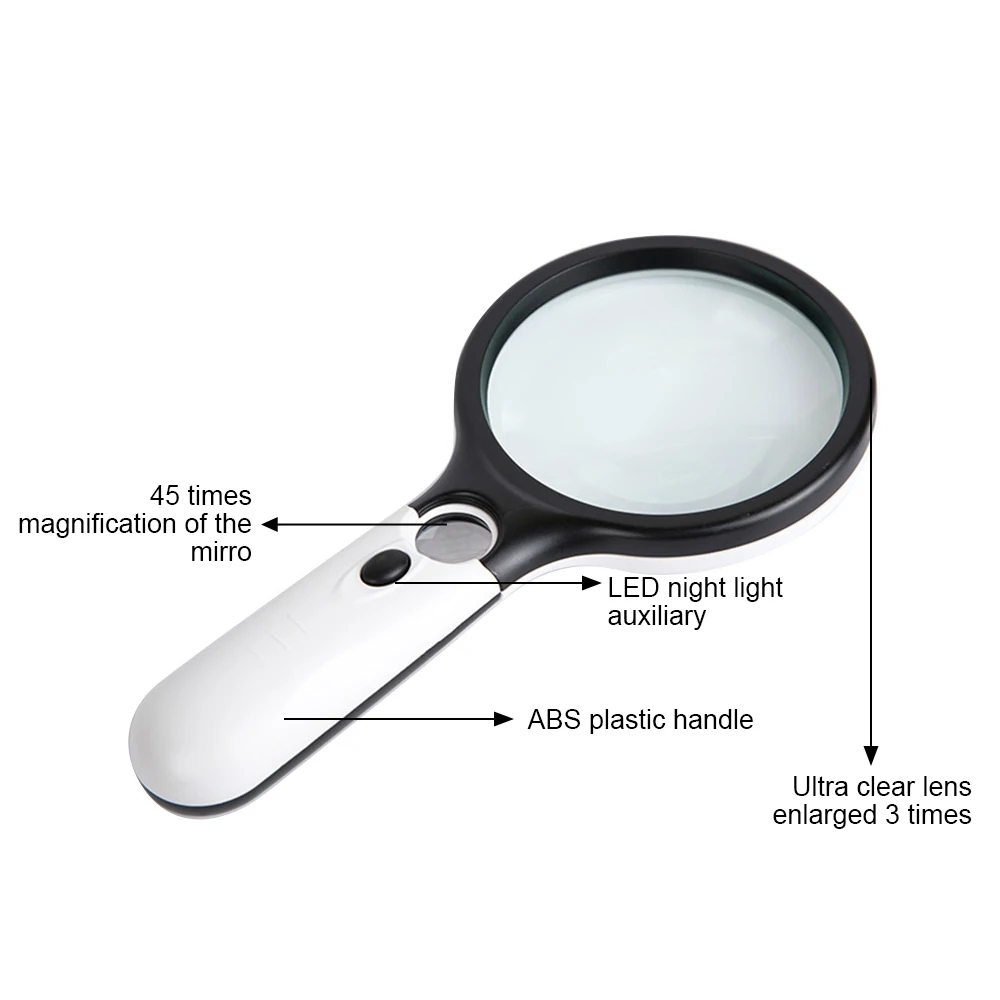 3 LED Light 45X Magnifying Glass Lens Mini Pocket Handheld Microscope 3 Times Larger 45 Times Smaller Jewelry Loupe Handheld Mag