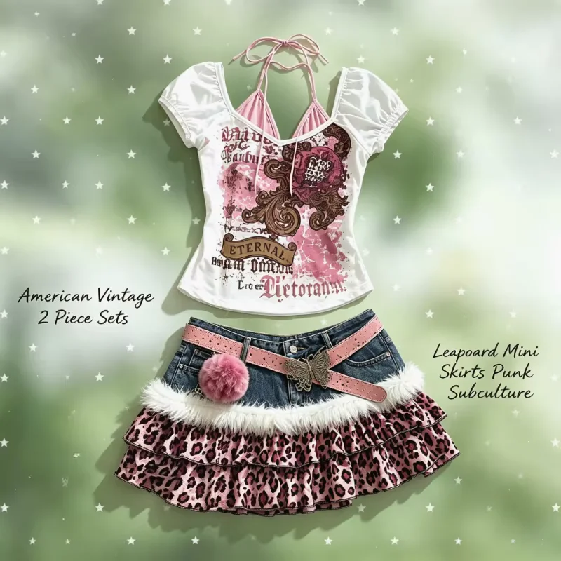 2026 American Vintage 2 Piece Sets Women Casual Y2k Crop Top Blouse Leopard Mini Skirts Korean Fashion Trendy Punk Subculture