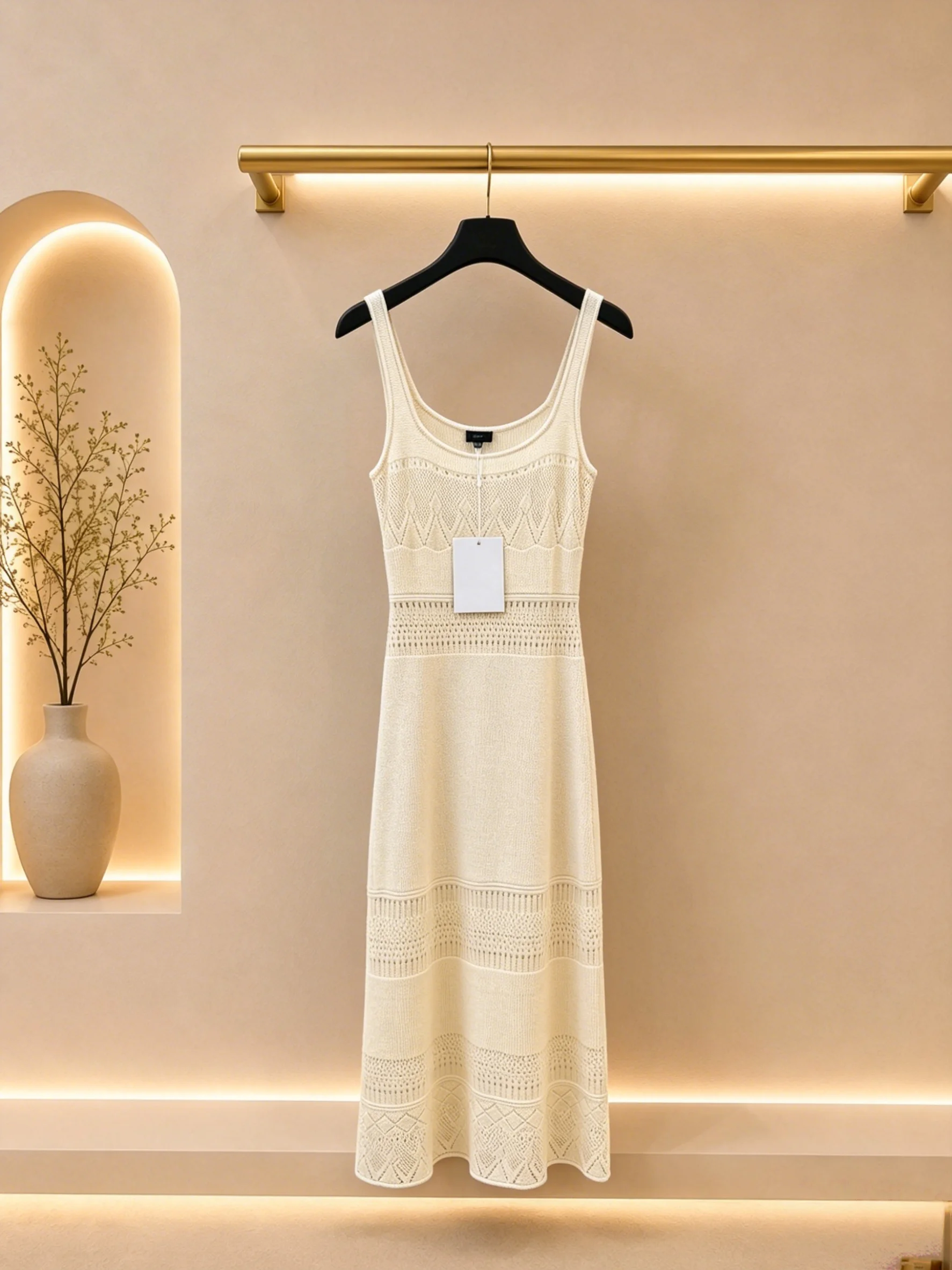 

2026 Women Dress Tiered Openwork Knit Sling Dress Wide U Neck A Line Long Silhouette