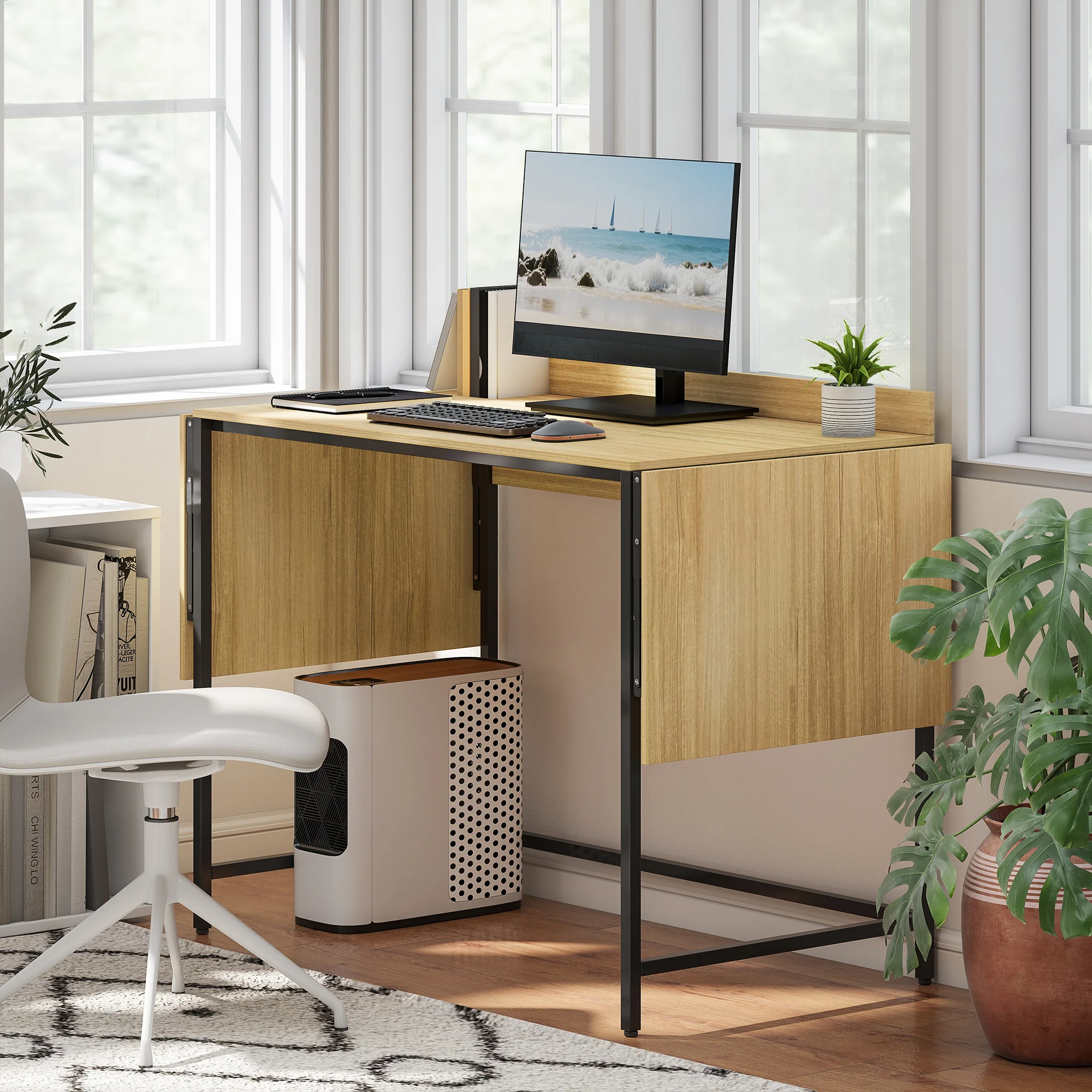 Table d'ordinateur pliable avec 2 plateaux extractibles, beaucoup d'espace pour les moniteurs, pieds en métal, structure robuste